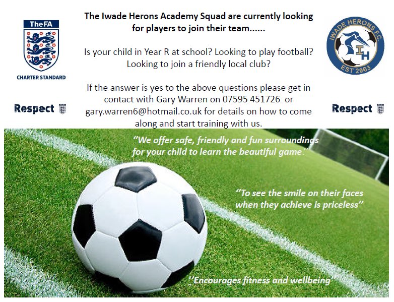 Iwade Herons Academy intake starting soon contact details below.....  please RT  <a href="/IwadeVillage/">IwadeVillage.co.uk</a>