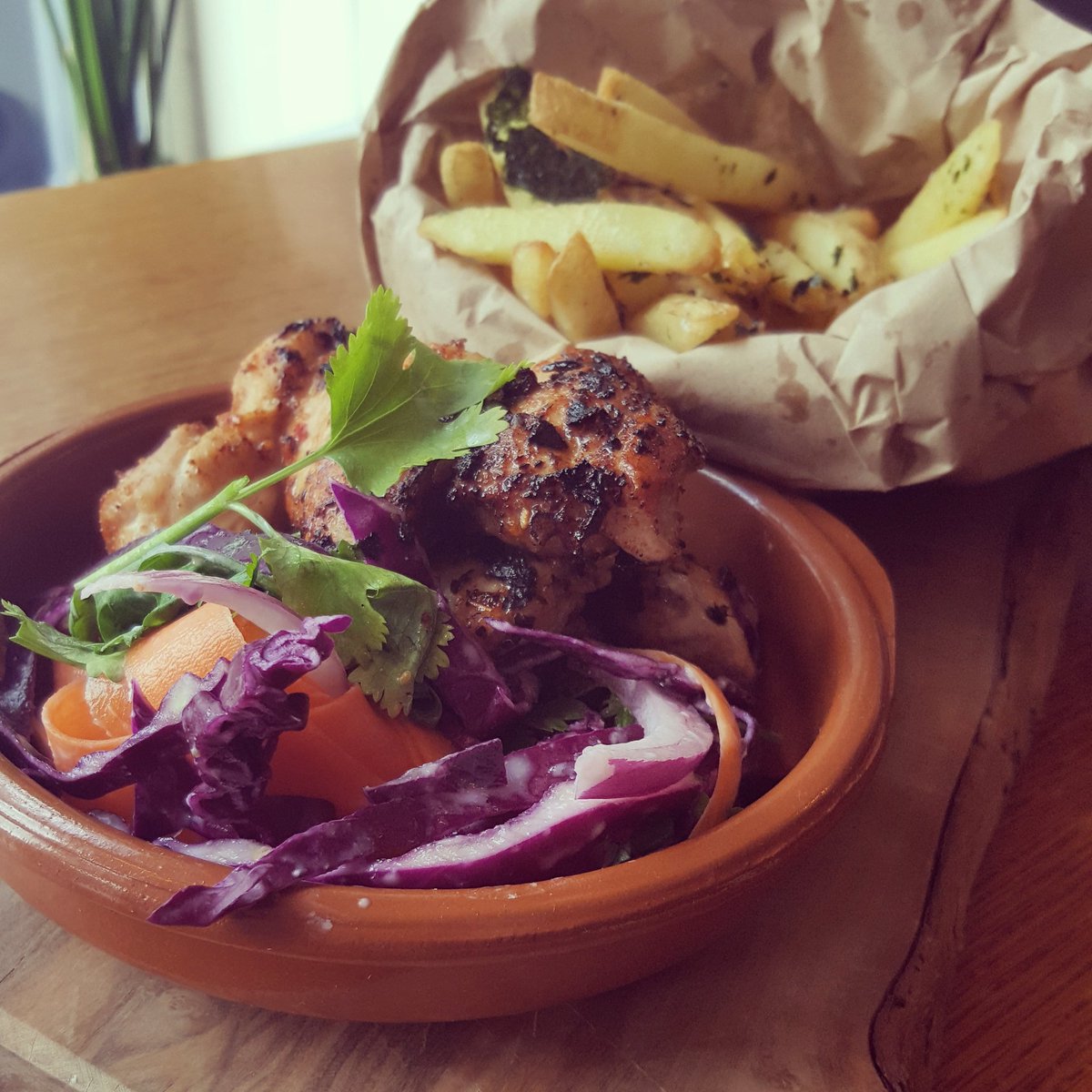 EmbraceBar's tweet photo. BBQ chicken thigh, slaw and nori fries. BBQ from 4pm today. #altrincham https://t.co/DEBFtcEUNS