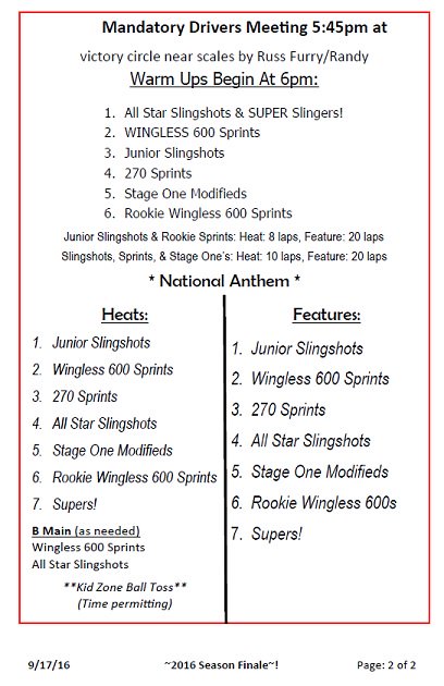 HamlinSpeed's tweet photo. 9/17 Season Finale Schedule-should be a barn-burner! All heats! Get ready to rock &amp; Roll #HamlinStyle https://t.co/apETlvCGi2