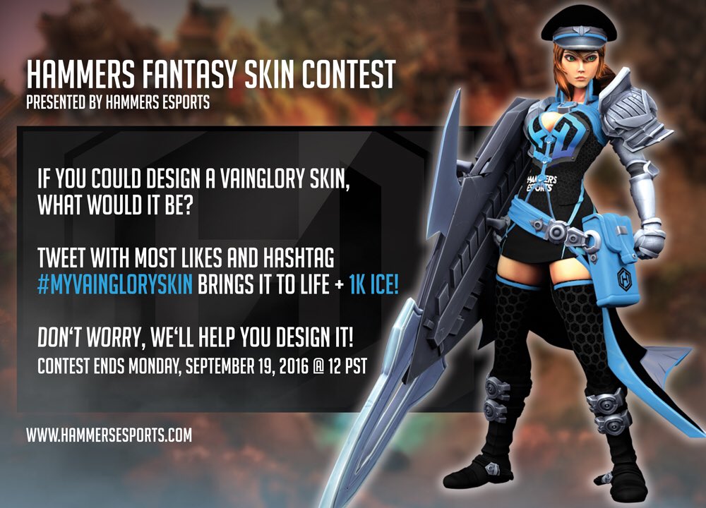 HammersEsports's tweet photo. Hammers Fantasy Skin Contest! If you could design a skin, what would it be? Most likes wins + ICE! #MyVainglorySkin https://t.co/DBItO2syBV