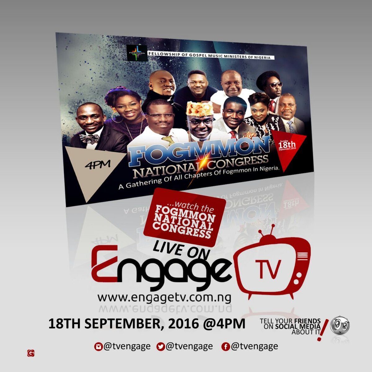 engagegospel's tweet photo. Watch @fogmmon National Congress Live on @TvEngage this Sunday Sept 18 by 4pm. The best of Gospel Music! #EngageTV https://t.co/YDg9FLBDQh