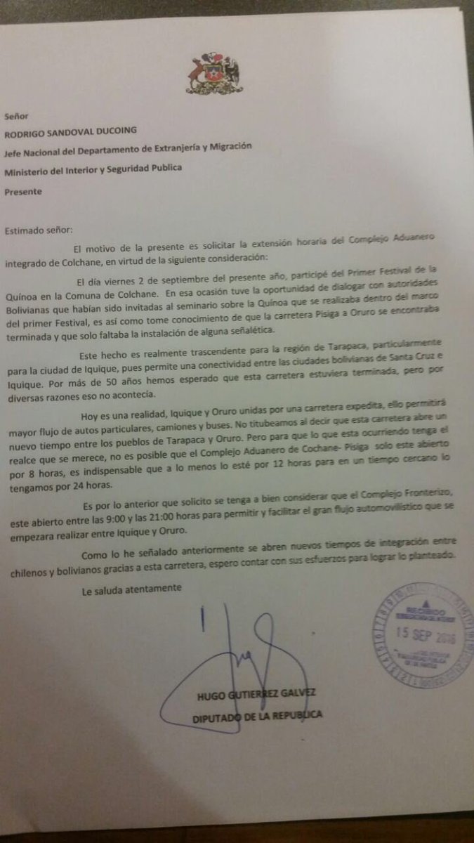 Hugo_Gutierrez_'s tweet photo. Presenté solicitud de  extension de horario en funcionaliento de paso forterizo Colchane Pisiga a 12 horas https://t.co/hy53gIHixs