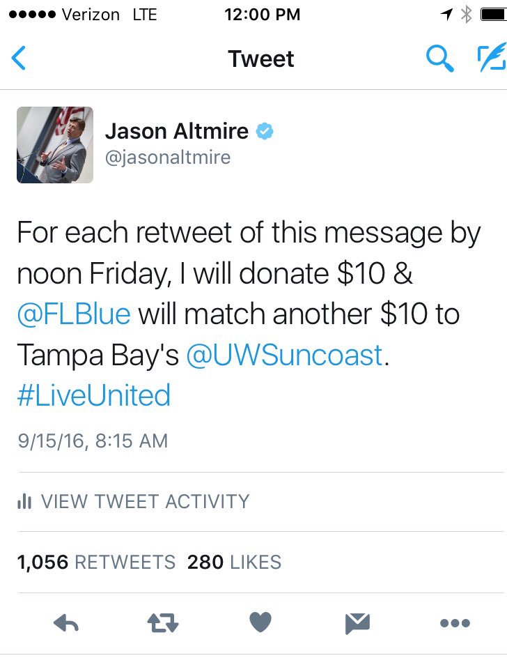 jasonaltmire's tweet photo. 1056 RTs! I will personally give $10,560 &amp; @FLBlue matches for a total of $21,120 to @UWSuncoast! Thanks Tampa Bay! https://t.co/85T18kVjep