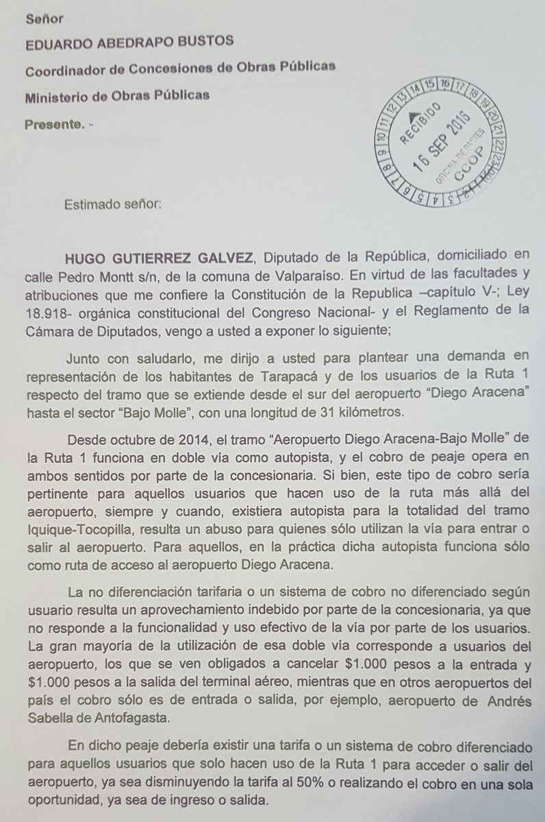 Hugo_Gutierrez_'s tweet photo. En Concesiones MOP #Santiago solicitando rebaja tarifa para peaje usuarios ida y vuelta Aeropuerto #Iquique https://t.co/l4bAKGE3ua