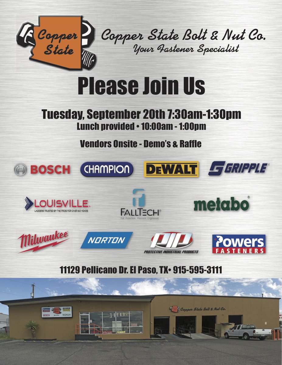 copperstateco's tweet photo. Join us at our El Paso store on 9/20 from 7:30am - 1:30pm for vendor raffles and demos! Lunch served from 10am-1pm. https://t.co/iUVs2Z0KWj