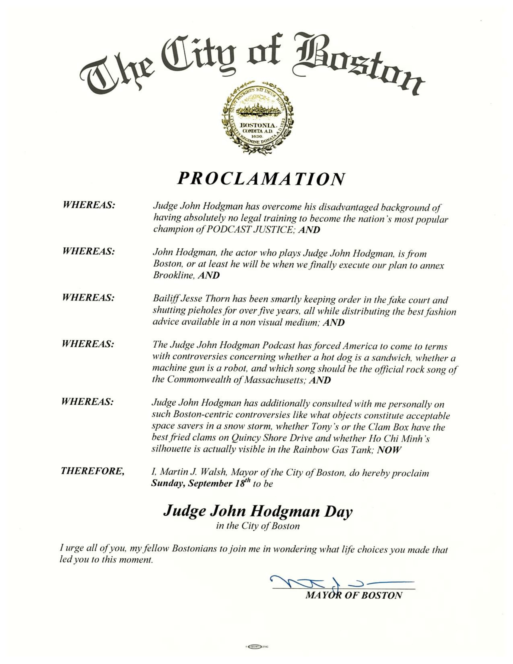 Mayor Walsh on Twitter: "I am declaring Sunday Judge John @hodgman day in the City of in honor of this champion of justice. https://t.co/GVpMG9sPSt" Twitter