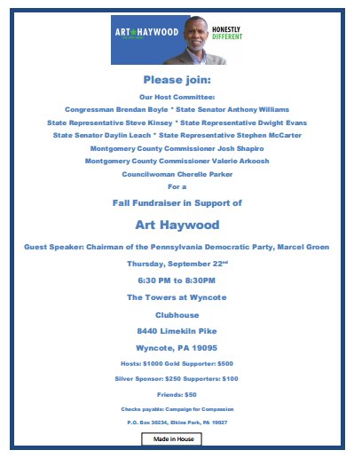 PottstownDems's tweet photo. RT @arthaywood: Support #PADems and join Senator Art Haywood for a fun evening at his Fall Fundraiser! https://t.co/XrA9brXyn3