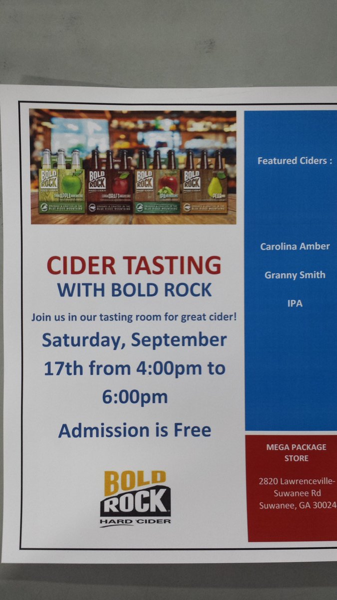 megapackage's tweet photo. Join us at Mega Package store tomorrow Saturday, Sept 17 from 4-6 p.m. for a FREE tasting featuring Bold Rock Cider! https://t.co/F4UCdrt3Ay