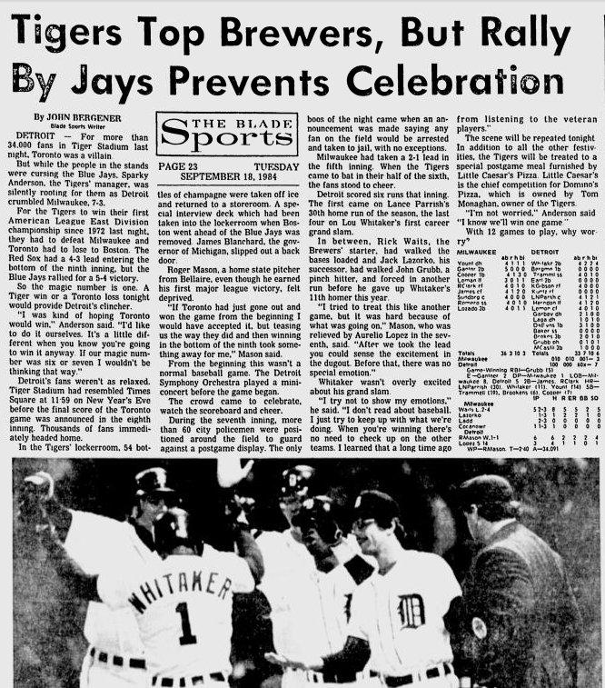 Tigers84Replay's tweet photo. Sept. 17, 1984: #Tigers 7, Brewers 3. Lance Parrish hits his 30th home run. Lou Whitaker hits a grand slam. Magic Number is down to 1. Blue Jays win to delay the Tigers' division title. Tigers are 96-54 #Relive84 https://t.co/btBJ0LOaKn