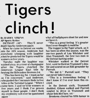 Tigers84Replay's tweet photo. Sept. 18, 1984: #Tigers 3, Brewers 0. #Tigers clinch the AL East! #Relive84 https://t.co/gQuKZsxhN7