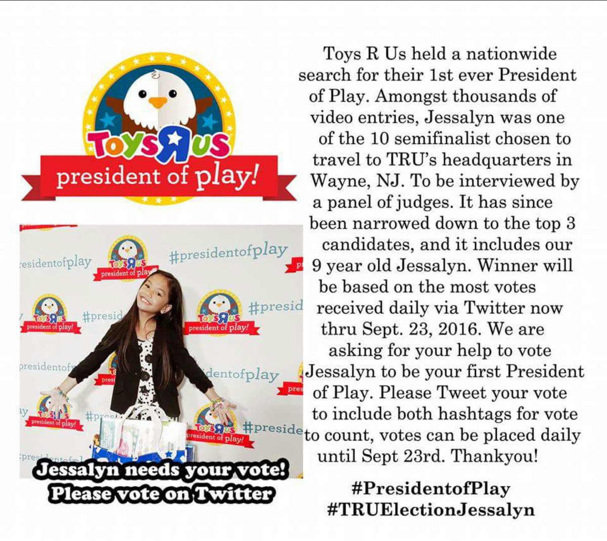 LindaK808's tweet photo. #TRUElectionJessalyn 
#PresidentOfPlay 
VOTE VOTE VOTE!!! https://t.co/mNoESQRqmJ