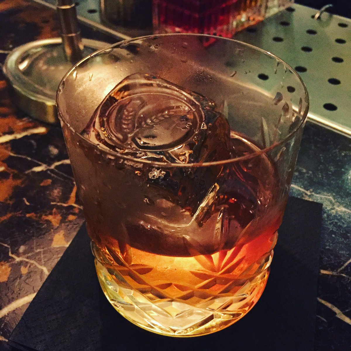 Coffee Old Fashioned with branded ice, nice touch 🍸💎👌 #cocktails