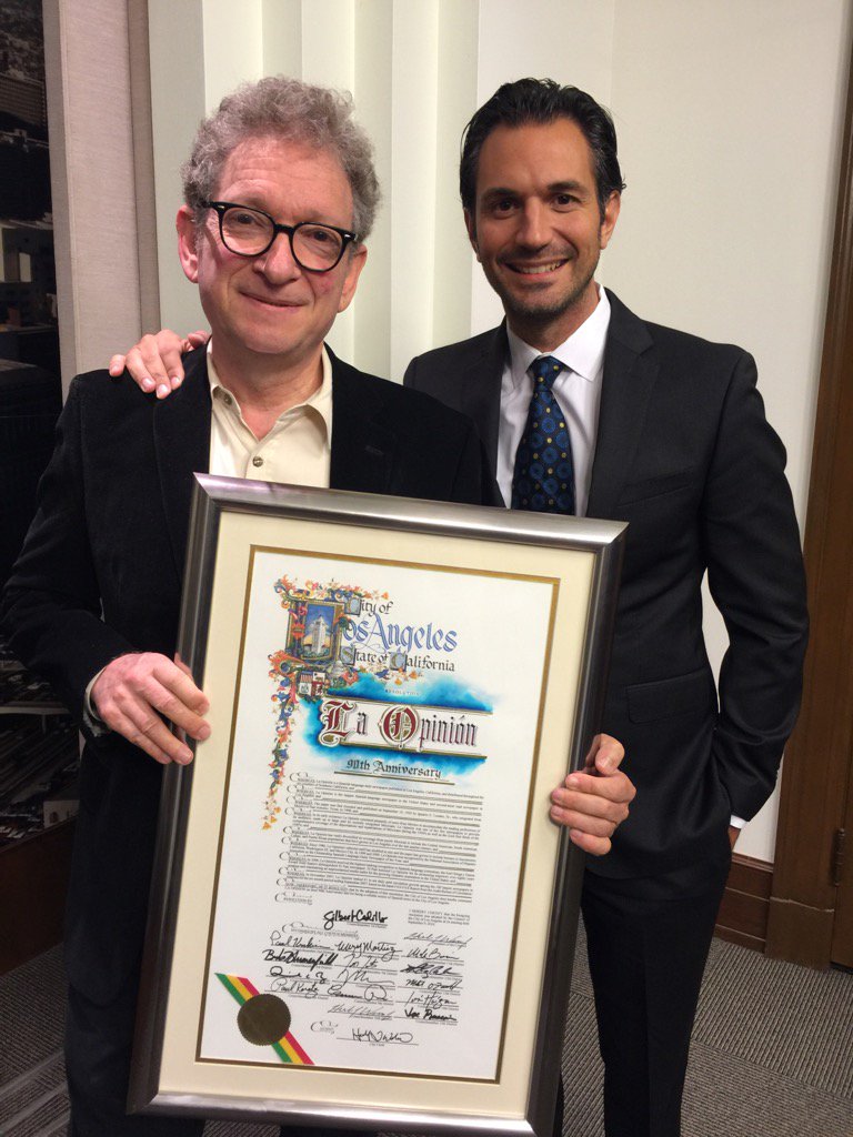 AraceliMartinez's tweet image. Editorial director Gabriel Lerner &amp;amp; Damian Mazzotta, general manager receive recognition for La Opinion 90 yrs HBD!