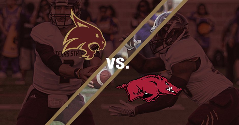 txst's tweet photo. Good luck, #TXST Bobcats, on the road against the Arkansas Razorbacks! Kickoff at 6:30 pm Sat. #EatEmUpCats! https://t.co/WfRCznEL0O
