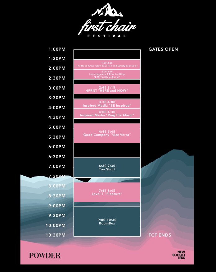Schedule for the First Chair Festival tmrw! Get your tickets + see you there! #FCF16 <a href="/Newschoolers/">Newschoolers</a> <a href="/PowderMagazine/">Powder</a>