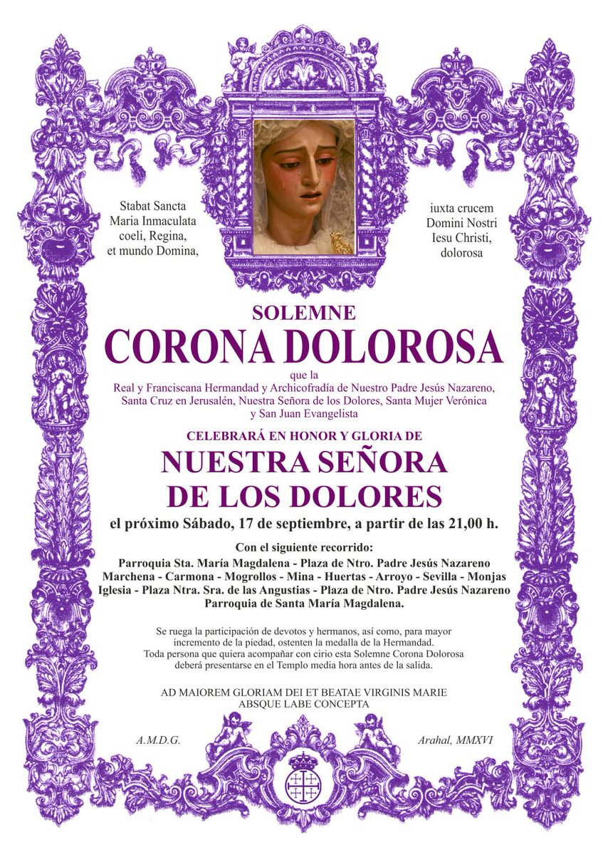 Mañana rezo de la Corona Dolorosa a Nuestra Señora de los Dolores por las calles de la feligresía