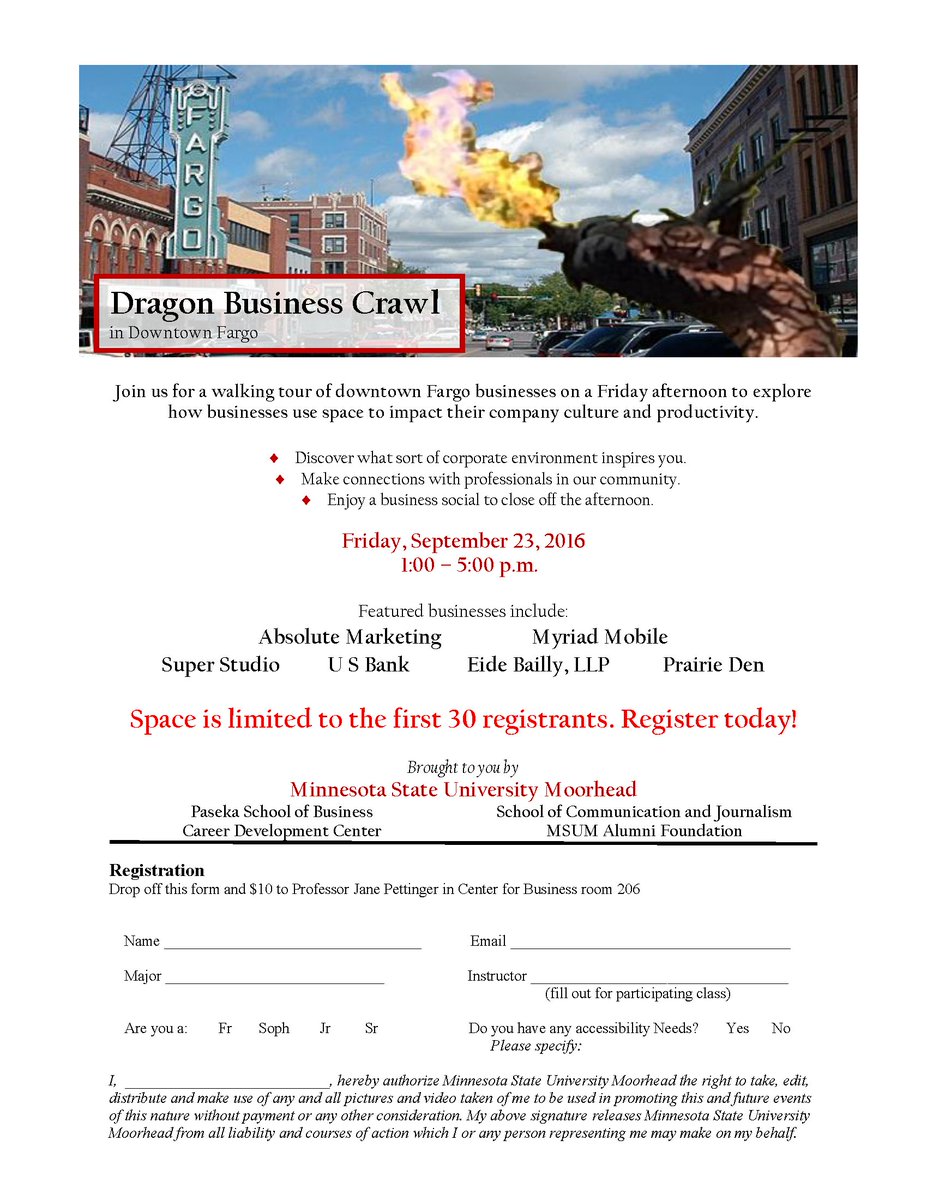 MSUMCDC's tweet photo. Only a few spots remain for Dragon Business Crawl on Sept 23rd! GO, GO!
#dragonbcrawl #msumstudents #fargocommunity https://t.co/sJN1wXkOet