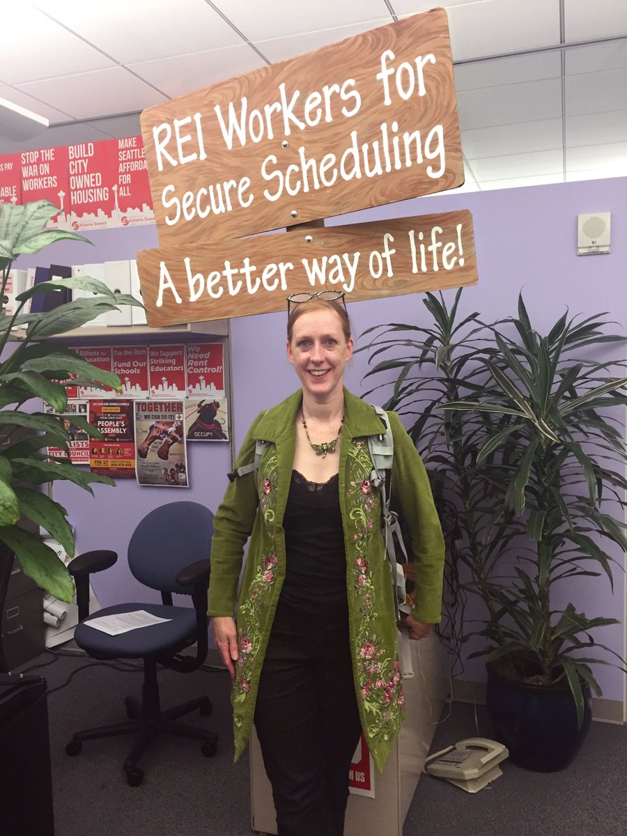 Alpine4Change's tweet photo. REI Employees add diversity to fair scheduling signage at Seattle town hall. https://t.co/esShMzyTeG, #OptInChange https://t.co/vWf4lNKlFm