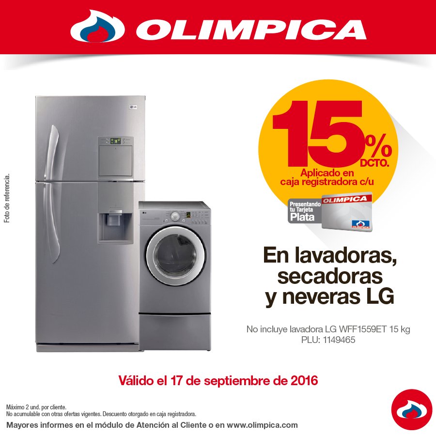 Olímpica on Twitter: "Lleva con Plata 15%dcto lavadoras, secadoras y neveras LG. *AC https://t.co/xInm2mWJfk" / Twitter