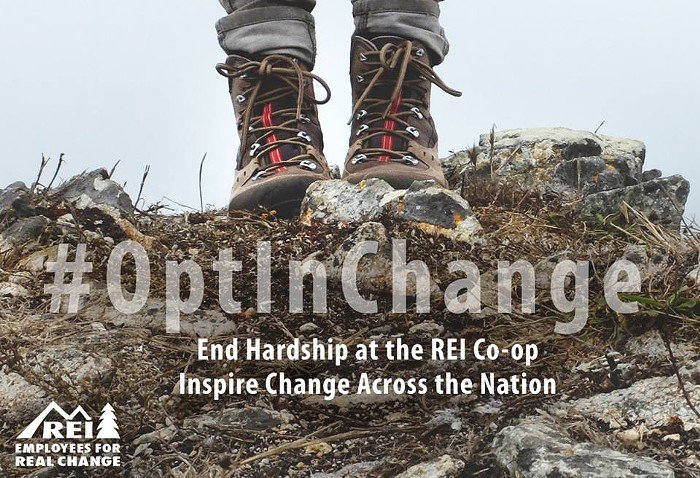 Alpine4Change's tweet photo. REI's friendly #OptOutside image hardly the case for employees. https://t.co/yB6l8tya2j, #OptInChange https://t.co/n2KkVAN5FI