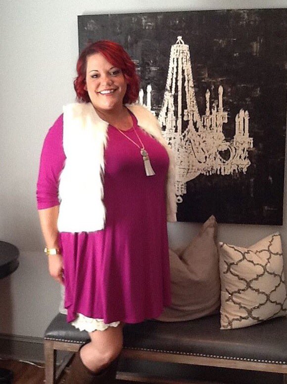 "Alexandra" is a vibrant fuchsia dress that looks great with a lace extender,complete without our fuzzy vest :)