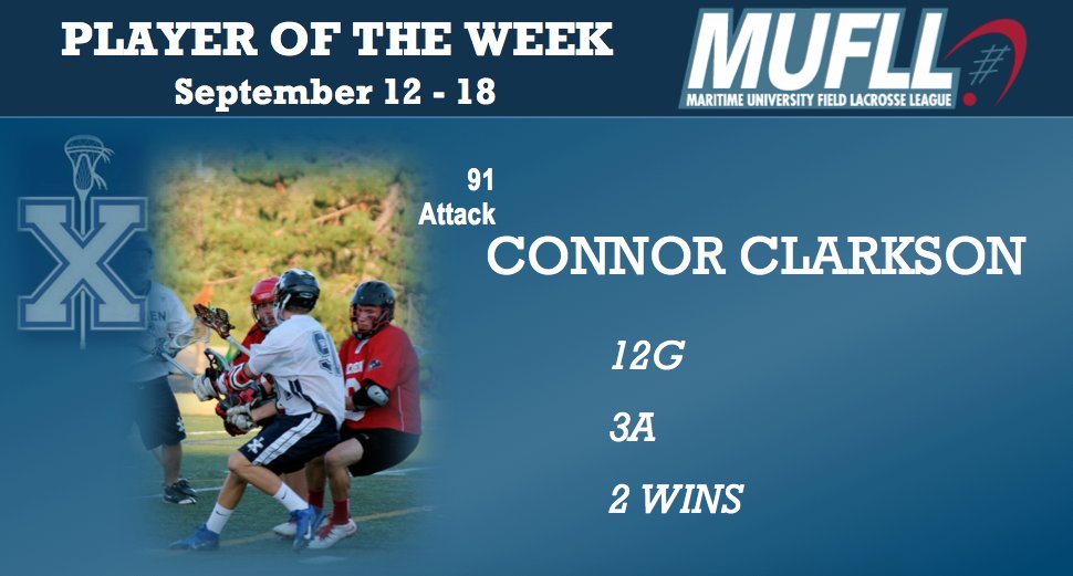 Congrats to our #PlayerOfTheWeek Connor Clarkson from <a href="/StFX_menslax/">StFX Men's Lacrosse</a>. 12G, 3A in a strong start for the X-Men