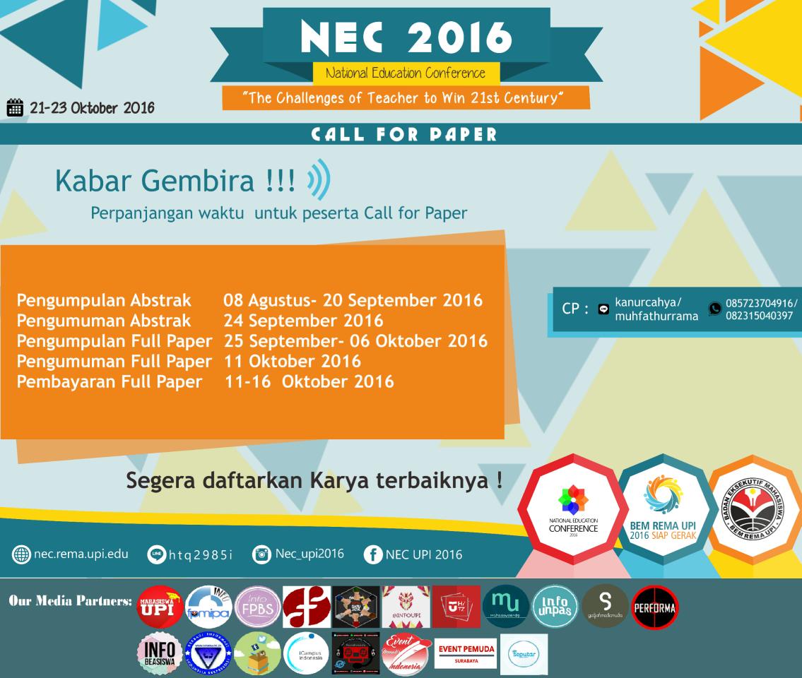 edheartaction's tweet photo. Kabar Gembira! Perpanjangan pengumpulan #callforabstract hingga 20 September. Don't miss it! #NEC2016 #BEMREMAUPI https://t.co/URyAZwrSk2