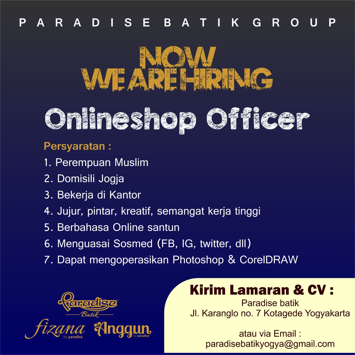 OnlineshopOfficer |Fulltime| ce-Muslim |Menguasai Sosmed,Photoshop,CorelDRAW| <a href="/jogjaupdate/">jogjaupdate.com</a> <a href="/JogjaLowKer/">Loker Jogja Terkini</a> #jogjalowker