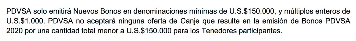 OilWatchVE's tweet photo. "PDVSA solo emitirá Nuevos Bonos en denominaciones mínimas de U.S.$150.000"#OilVE #CanjePDVSA https://t.co/kh6w4DVS21