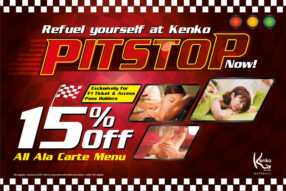 Special promo for F1 Ticket Holders: Enjoy 15% off on all KENKO's ala-carte services from 16 - 18 Sept 2016!