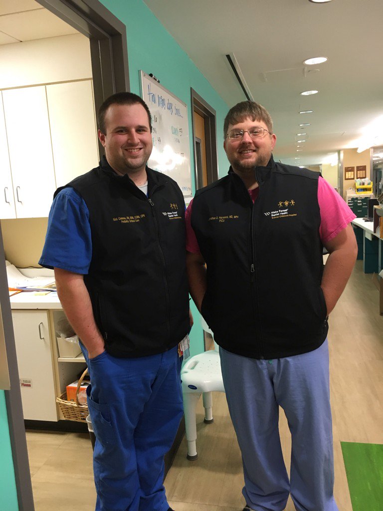 drjonnyuncmd's tweet photo. Gotta keep the tradition going. Me and my new #VestFriend Nick working hard in the @brennerhospital PICU tonight... https://t.co/7inDXBOXOb