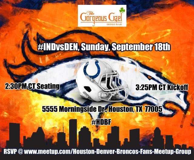 BroncosFansHou's tweet photo. Don't forget to RSVP for this week's game at @TheGorgeousGael https://t.co/JDrbfYOvPu #HDBF #BroncosCountry https://t.co/03UhMjHLIJ