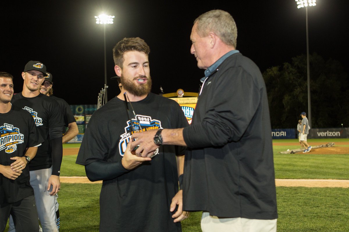 AIPphoto's tweet photo. RubberDucks celebrate! Manager Dave Wallace, MVP Eric Haase @AkronRubberDuck @MiLB https://t.co/wY5De6rf7Y