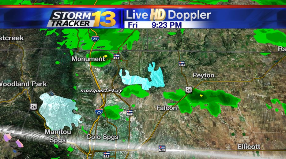 RachaelPlath's tweet photo. Rain in Monument and Falcon - more possible tomorrow across the plains, I'll track it at 10! #cowx #13StormAlert https://t.co/DWsui31J6R