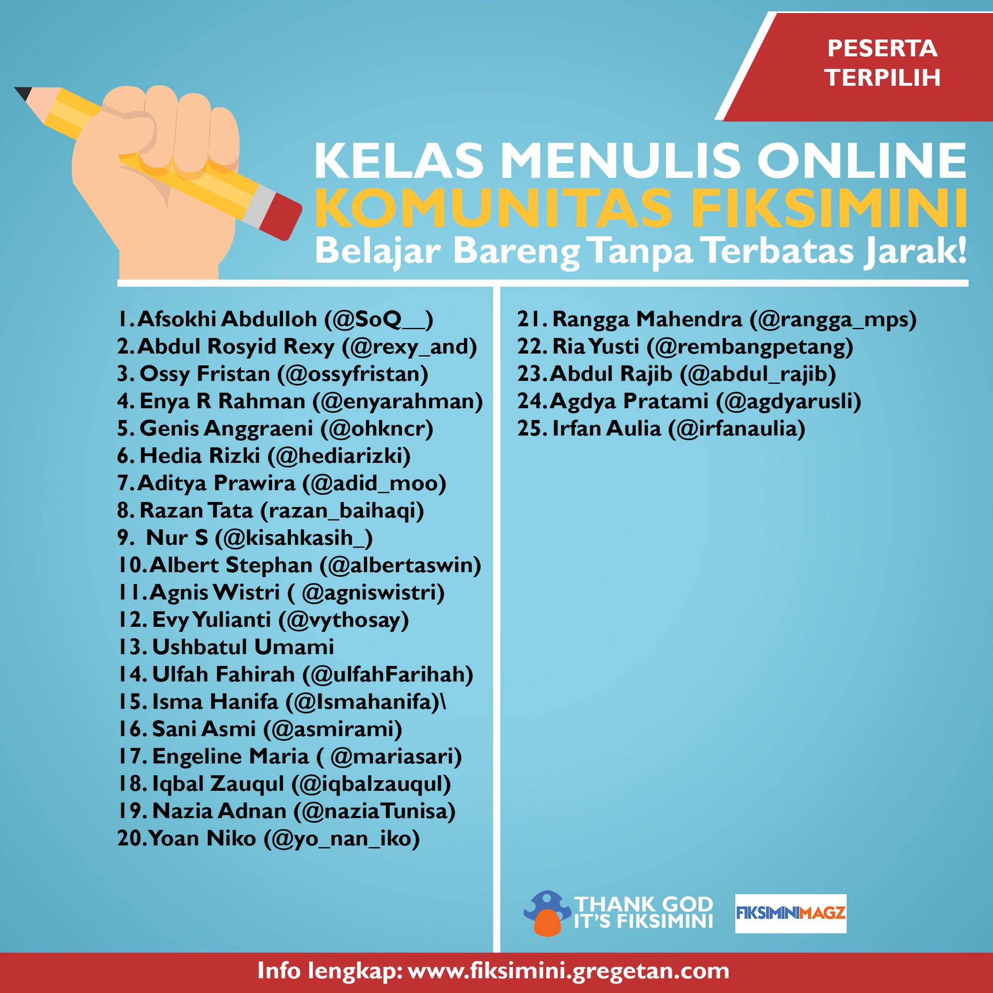 Fiksimini on Twitter "Nah inilah 25 pendaftar pertama yang bakal masuk rombongan kelas menulis online Selamat ya … "