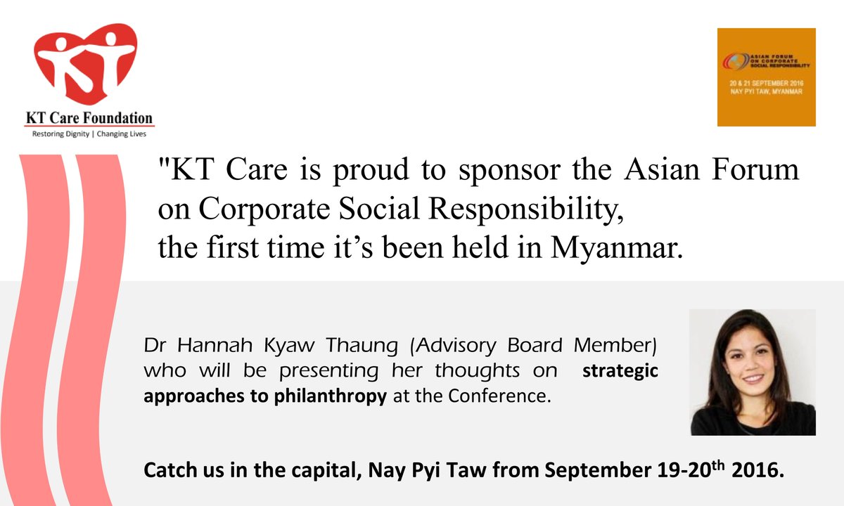 KTCareMyanmar's tweet photo. KT Care is proud to sponsor the Asian Forum on Corporate Social Responsibility (AFCSR). #Myanmar #KTCare #AFCSR https://t.co/ZF5aFCIyHE