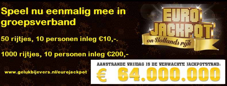 SPEEL NU MEER MET 50 RIJTJES EUROJACKPOT VOOR DE TREKKING VRIJDAG 23 SEPTEMBER
gelukbijevers.nl/eurojackpot