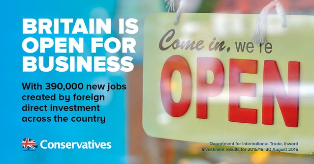 ConservativesWM's tweet image. With 390,000 new jobs from foreign direct investment, Britain is open for business. RT bit.ly/2cNluid