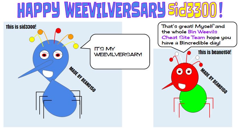 BWCheatSite's tweet photo. Good morning everyone! Here at Bin Weevils Cheat Site HQ we would like to wish @siddy3300 a Happy Weevilversary! https://t.co/MS4yLmhOez