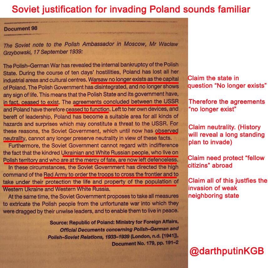 DarthPutinKGB's tweet photo. The USSR's justification for invading Poland looks familiar. https://t.co/N0qGV20KiE
