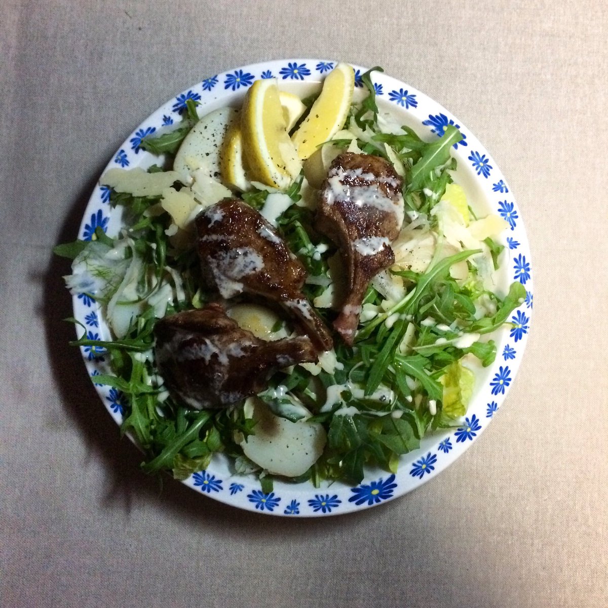ItsAGutFeelin's tweet photo. I think this is the best meal we have made in the van. Spiced Lamb, fennel &amp; rocket salad and a tahini dressing! https://t.co/A9a1ncosZG