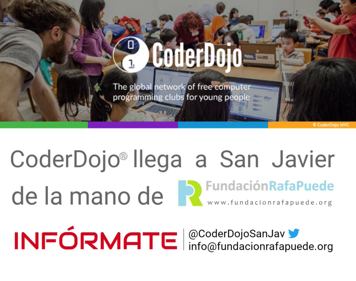 CoderDojoSanJav's tweet image. A partir de octubre, todos los viernes de 19:00 a 21:00h
Reserva tu plaza ya !! coderdojo@fundacionrafapuede.org