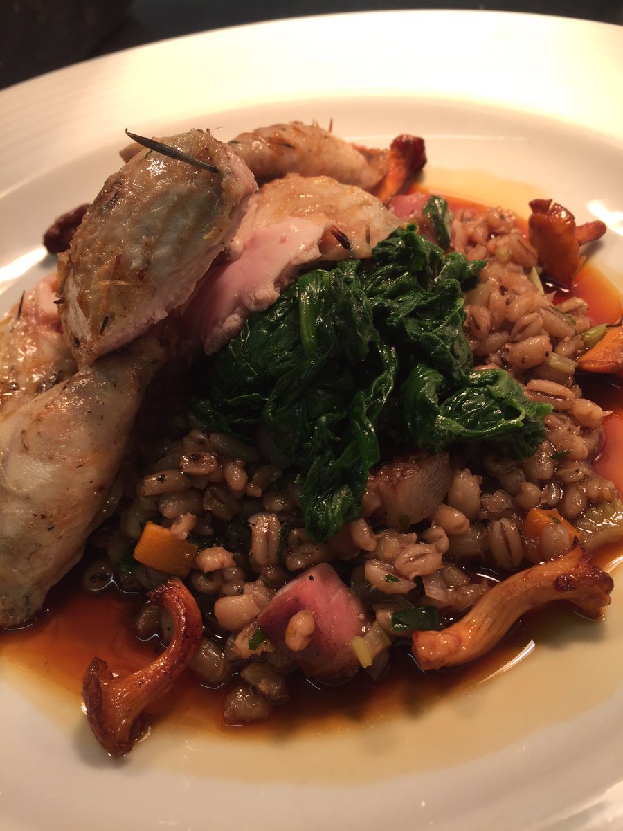 MikeRob79016650's tweet photo. New season partridge at The Pot Kiln. Pearl barley stew, spinach, chanterelles https://t.co/JgaDItJVEh