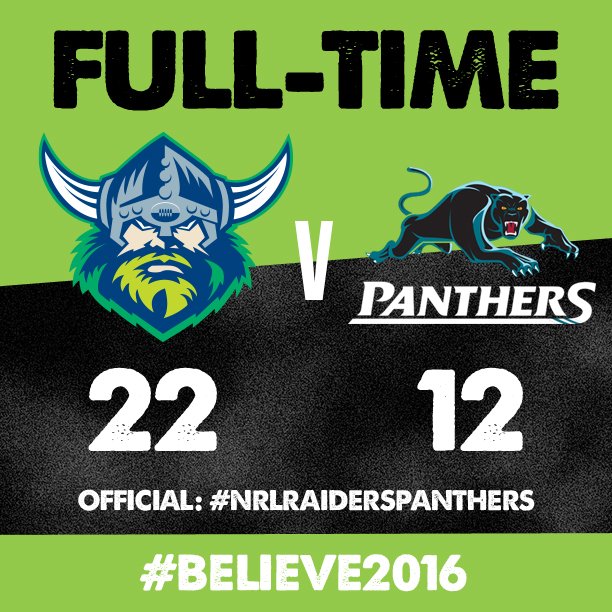 RaidersCanberra's tweet photo. FULL-TIME | We are through to the preliminary finals! RETWEET if you loved that victory! #Believe2016 #NRLFinals https://t.co/dF1naiCkB7