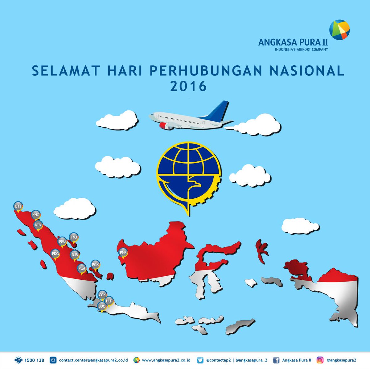 CCINJAirports's tweet photo. PT Angkasa Pura II (Persero) mengucapkan Selamat Hari Perhubungan Nasional Tahun 2016 https://t.co/3Dpf96OTxY