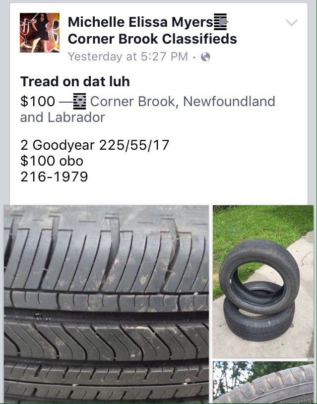 CBrookScumbag's tweet photo. Tread on dat luh!! #cornerbrookclassifieds https://t.co/P3pmklly88
