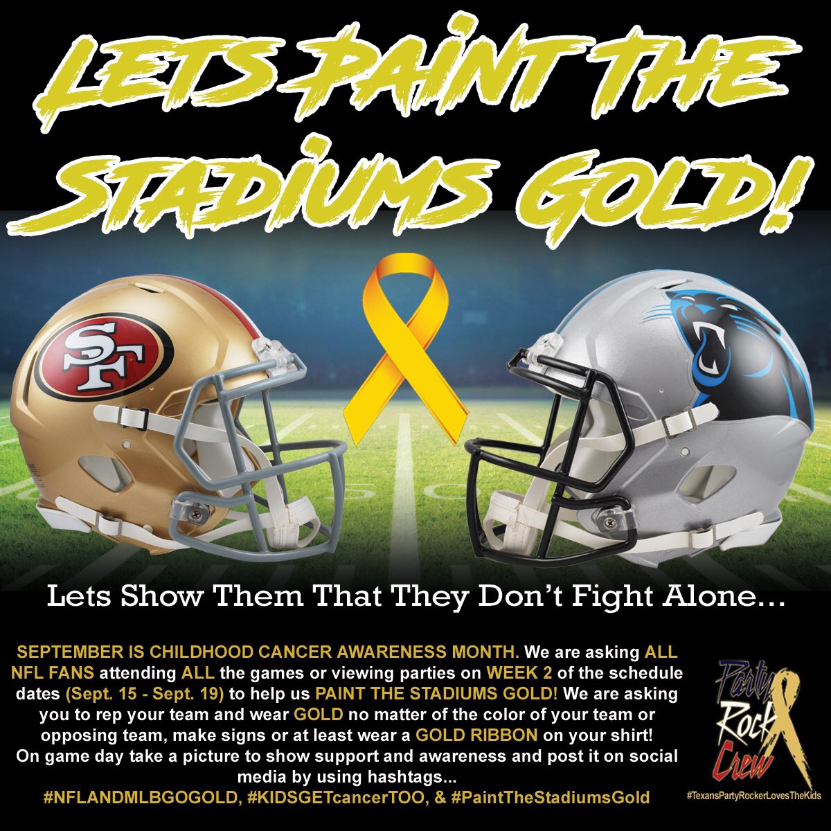 txnspartyrocker's tweet photo. #NFL #GoGold 
#NoOneFightsAlone 🎗
#49ers vs #Panthers
#SanFrancisco49ers &amp; #NorthCarolinaPanthers Make this happen! https://t.co/ATGqFC3zEn
