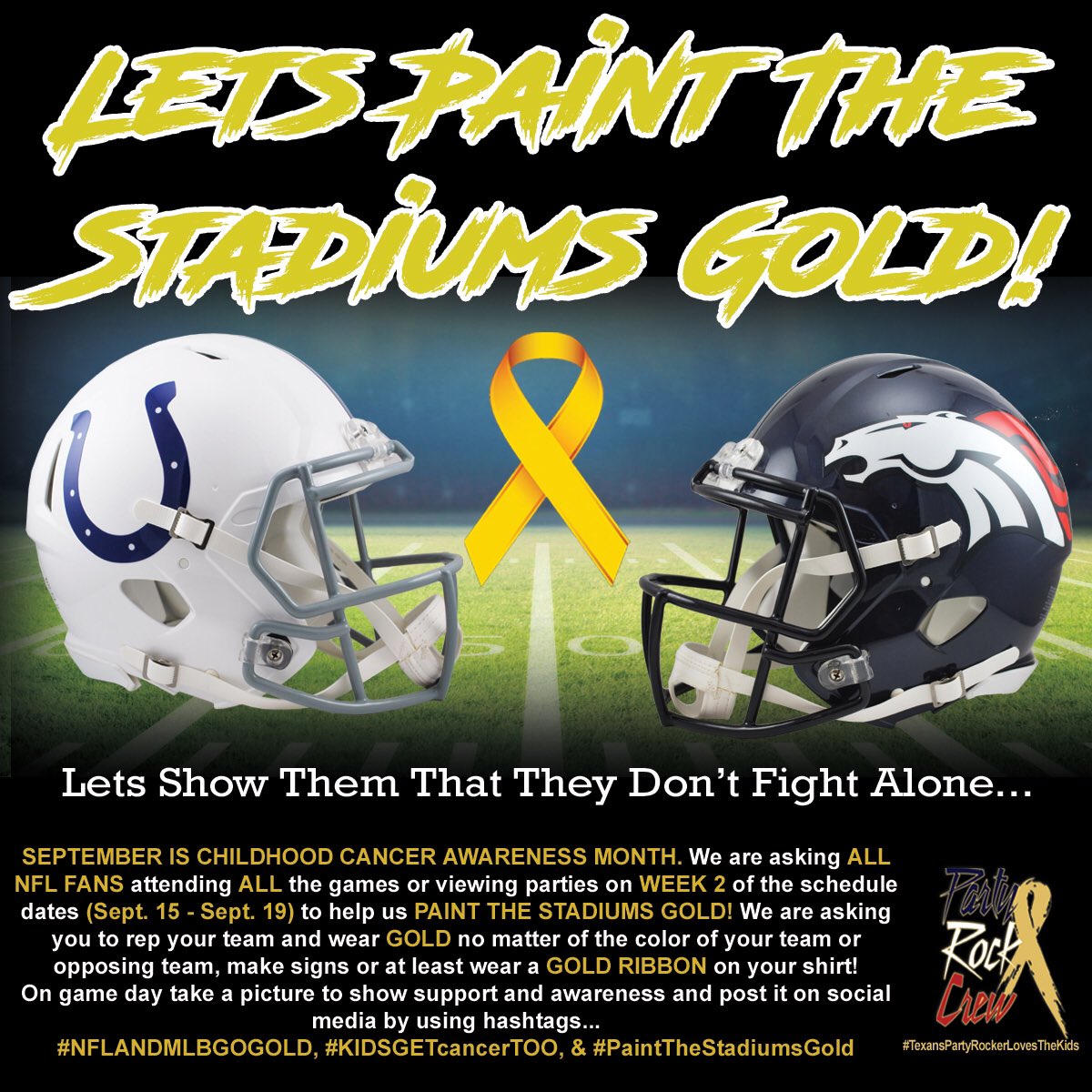 txnspartyrocker's tweet photo. #NFL #GoGold 
#NoOneFightsAlone🎗
#Colts vs #Broncos
#IndianapolisColts &amp; #DenverBroncos Let's make this happen! https://t.co/UxrJ4luZlh