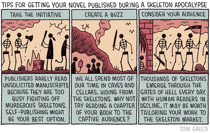'Tips for getting your novel published during a skeleton apocalypse' (a cartoon for @guardianreview) - 