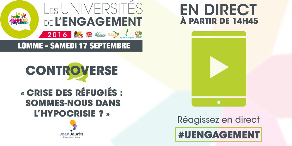 partisocialiste's tweet photo. Dans qlqs instants suivez en direct la controverse "Crise des réfugiés : sommes-nous ds l'hypocrisie ?" #UEngagement https://t.co/j1vU6vrYjl